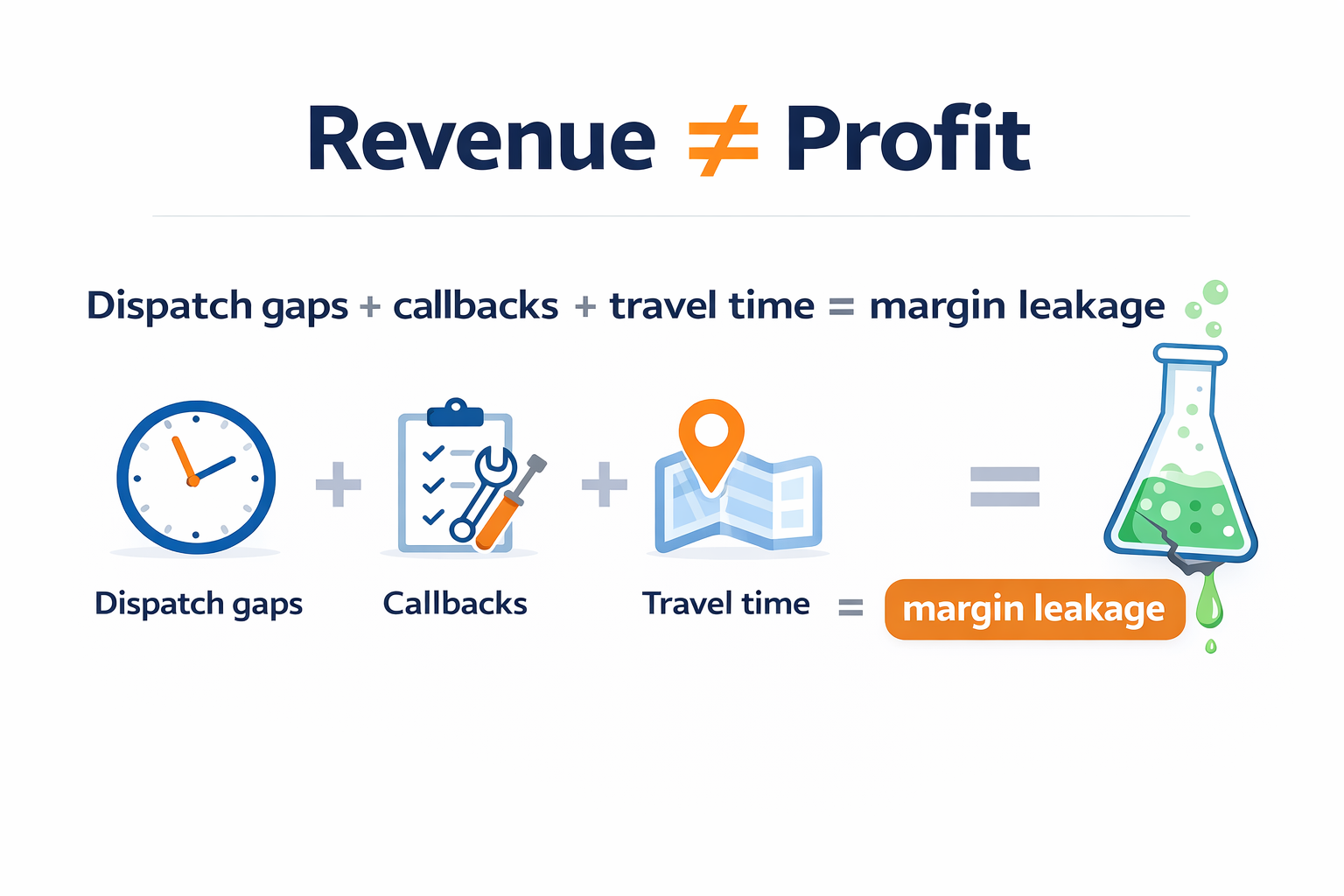 HVAC job costing diagram showing revenue does not equal profit — dispatch gaps, callbacks and travel time create margin leakage