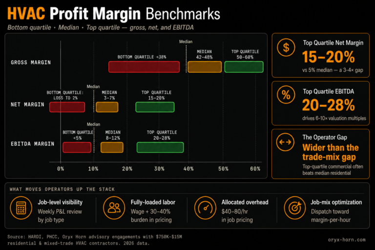 Average HVAC profit margin 2026: top quartile vs median range chart for gross (50-60%), net (15-20%), and EBITDA (20-28%)